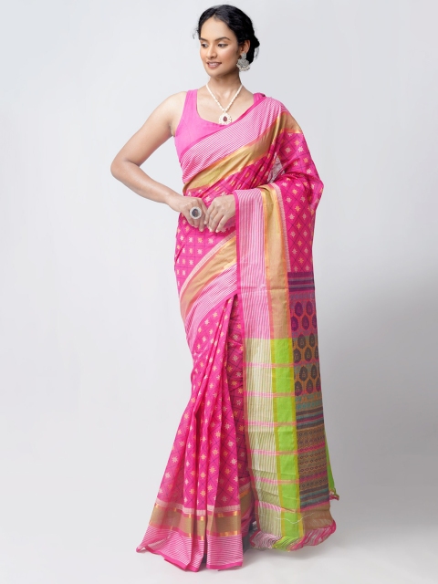 

Unnati Silks Pink & Green Ethnic Motifs Zari Pure Pavani Cotton Mangalagiri Saree