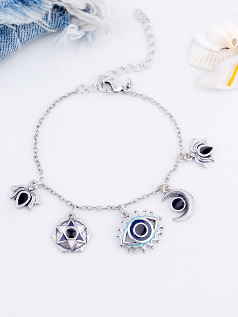 

Voylla Women Silver Plated Blue Evil Eyes Charms Laden Bracelet