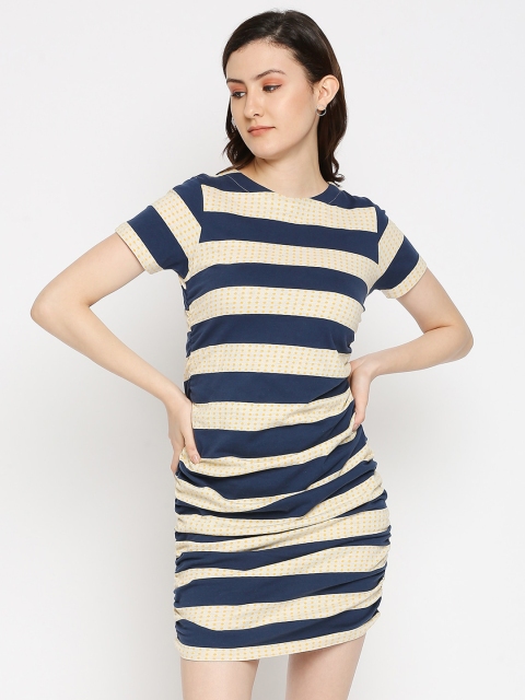 

CULT FICTION Women Navy Blue & Beige Striped Jacquard Sheath Dress