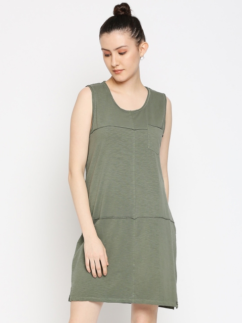 

CULT FICTION Olive Green Cut N Sew Sleeveless Cotton Drop-Waist Dress