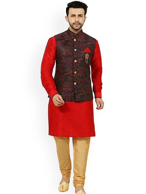 

amzira Men Black & Red Printed Nehru Jackets