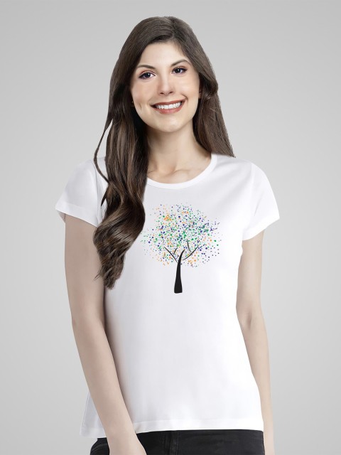 

Pootlu Women White Printed Cotton T-shirt