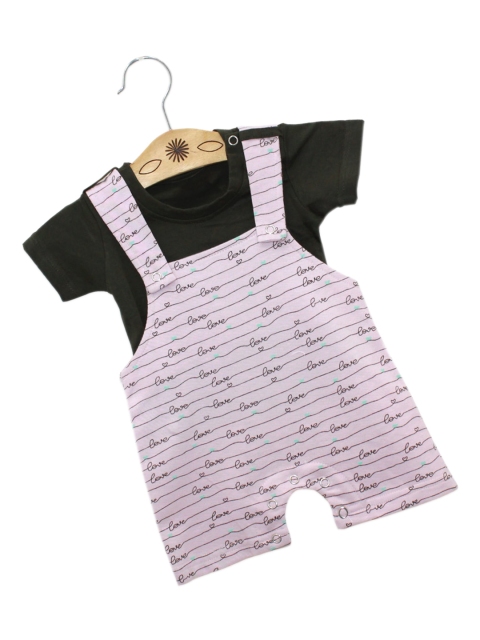 

Born Babies Kids Green & Pink Printed Dungaree With T-Shirt