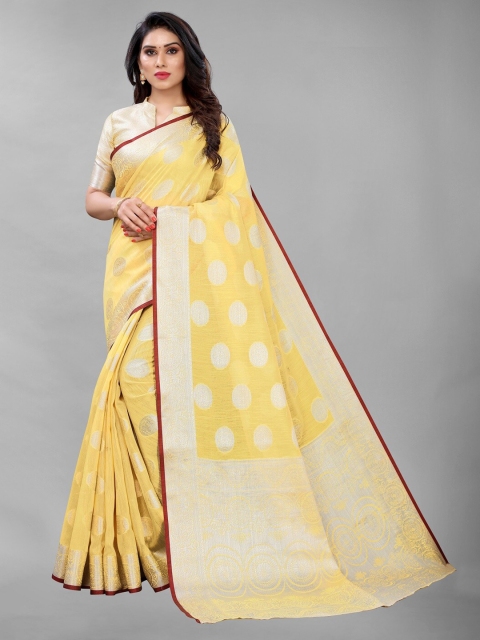 

PERFECTBLUE Yellow & Silver-Toned Ethnic Motifs Zari Silk Blend Paithani Saree