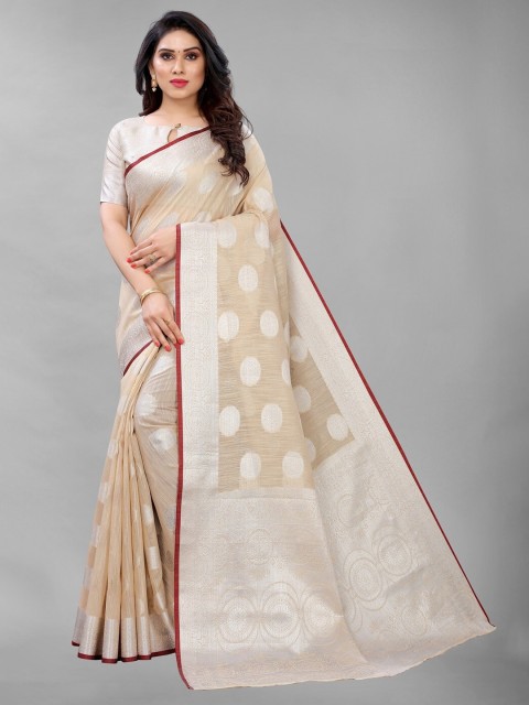 

PERFECTBLUE Beige Ethnic Motifs Silk Blend Paithani Saree