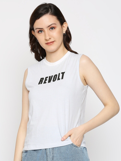 

CULT FICTION Women White Typography Striped T-shirt