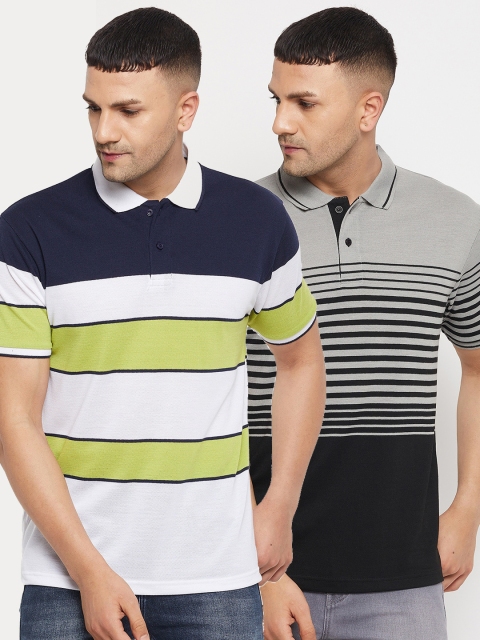 

Parcel Yard Men Pack of 2 Striped Polo Collar Cotton T-shirts, White