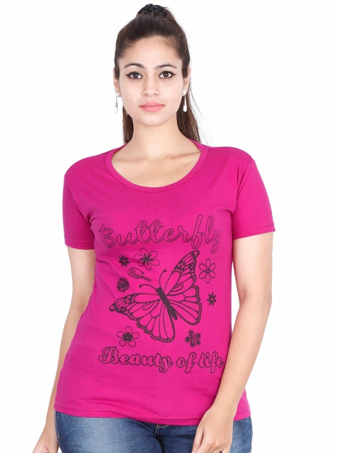

Fleximaa Women Magenta Printed Training or Gym T-shirt