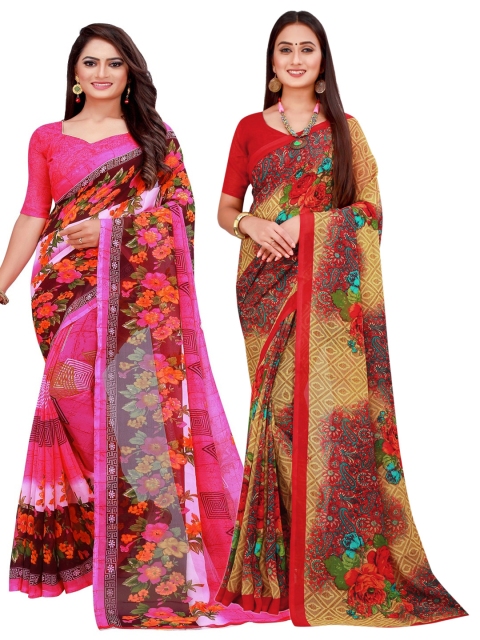 

KALINI Beige & Pink Set of 2 Pure Georgette Saree