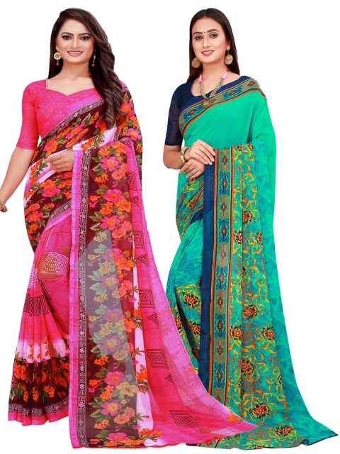 

KALINI Pack of 2 Green & Pink Floral Pure Georgette Saree