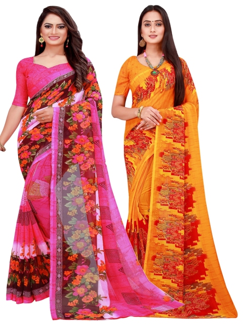 

KALINI Pack Of 2 Orange & Pink Floral Pure Georgette Saree