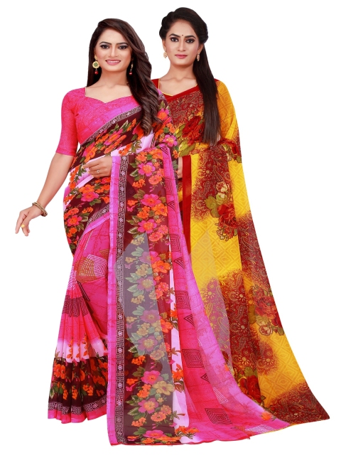 

KALINI Pink & Yellow Set of 2 Pure Georgette Saree