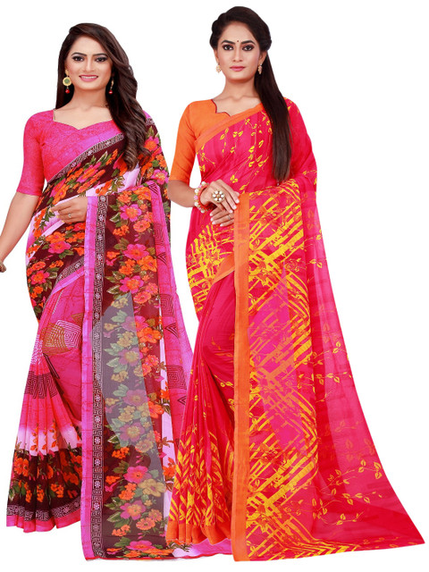 

KALINI Pink & Red Set of 2 Pure Georgette Saree