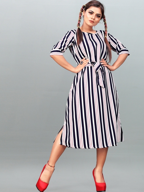 

MODLI 20 FASHION Purple and Blue Striped Crepe A-Line Midi Dress