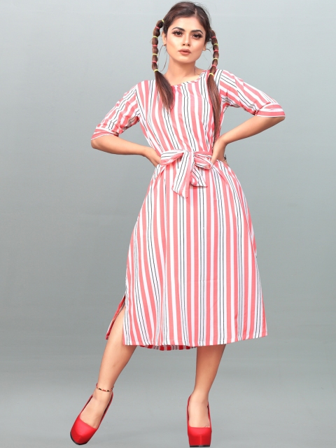 

MODLI 20 FASHION Pink Striped Crepe A-Line Midi Dress