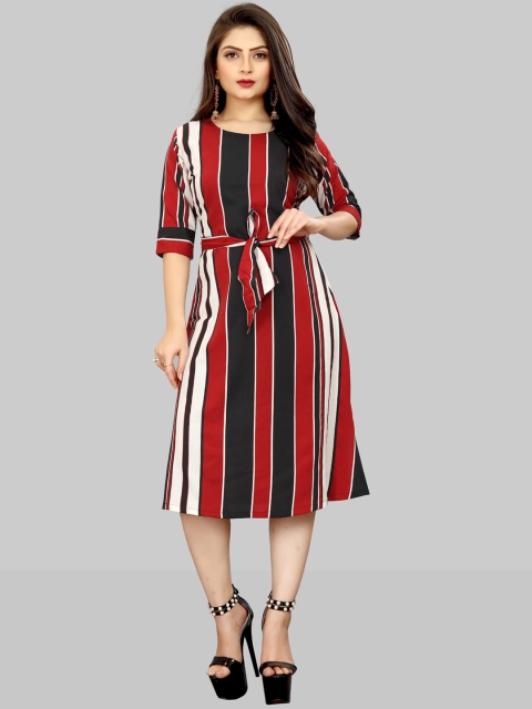 

MODLI 20 FASHION Women Red STRIPED A-Line round Neck Casual Western Dress