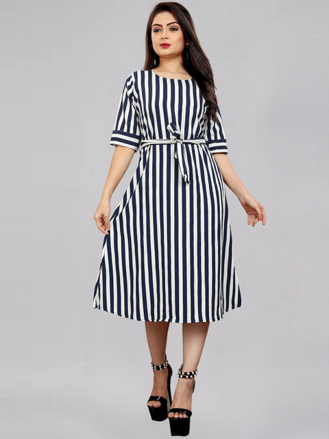 

MODLI 20 FASHION Blue & White Striped A-Line Midi Dress