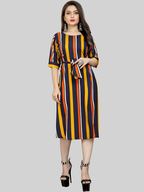 

MODLI 20 FASHION Yellow & Navy Blue Striped Crepe A-Line Midi Dress