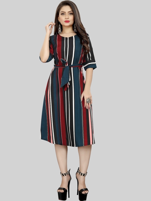 

MODLI 20 FASHION Women Green Striped Crepe A-Line Dress