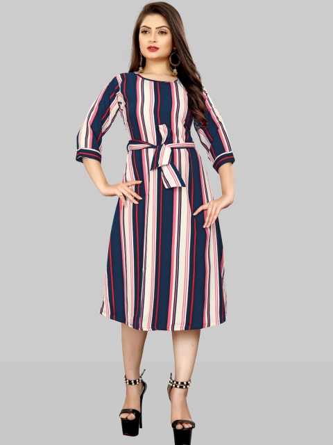 

MODLI 20 FASHION Peach-Coloured Striped Crepe A-Line Midi Dress