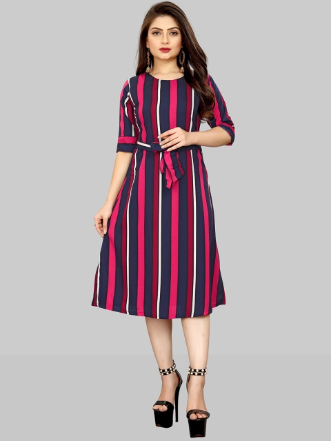 

MODLI 20 FASHION Pink & Navy Blue Striped Crepe A-Line Dress