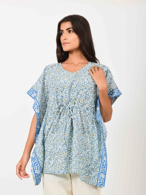 

House of Dhaaga Blue & Yellow Floral Printed V-Neck Flared Sleeves Pure Cotton Kaftan Kurti