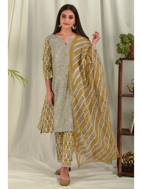 

House of Dhaaga Mustard & White Ethnic Motifs Printed Block Print Dupatta