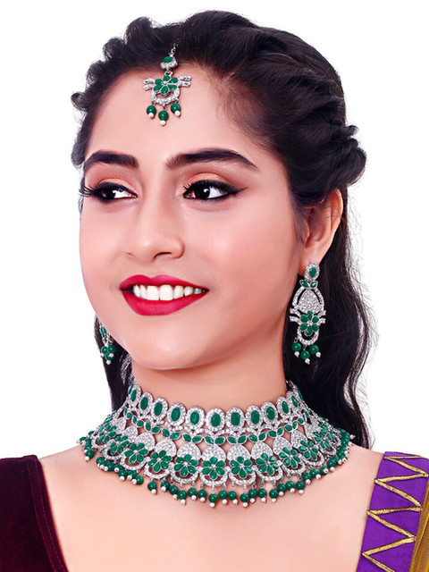 

VATSALYA creation Rhodium-Plated Green Stones Beaded Choker Jewellery Set