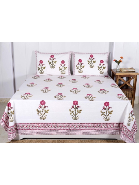 

HANDICRAFT PALACE White & Purple Floral 300 TC Queen Bedsheet with 2 Pillow Covers