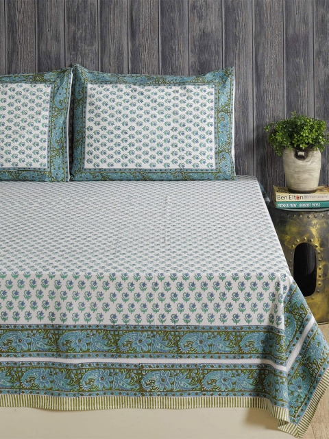 

HANDICRAFT PALACE White & Blue Floral 300 TC Queen Bedsheet with 2 Pillow Covers