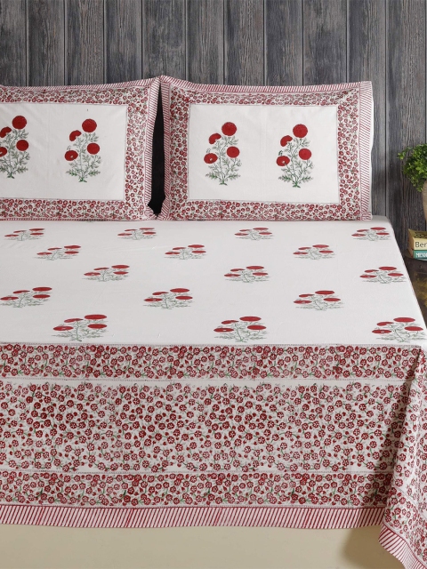

HANDICRAFT PALACE White & Red Floral 300 TC Queen Bedsheet with 2 Pillow Covers