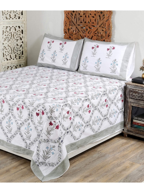 

HANDICRAFT PALACE Grey & White Floral 300 TC Queen Bedsheet with 2 Pillow Covers