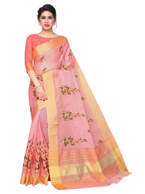 

PERFECTBLUE Peach-Coloured & Gold-Toned Floral Zari Saree