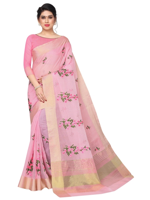 

PERFECTBLUE Pink & Green Floral Embroidered Cotton Blend Saree