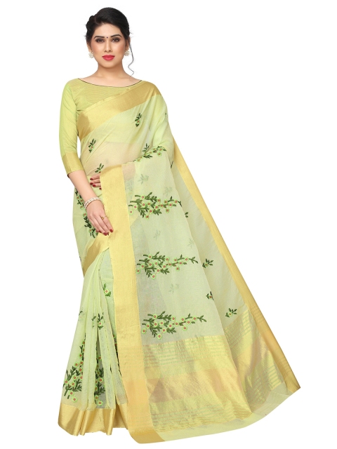 

PERFECTBLUE Lime Green & Gold-Toned Floral Saree