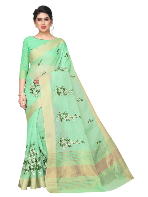 

PERFECTBLUE Green & Gold-Toned Floral Zari Saree