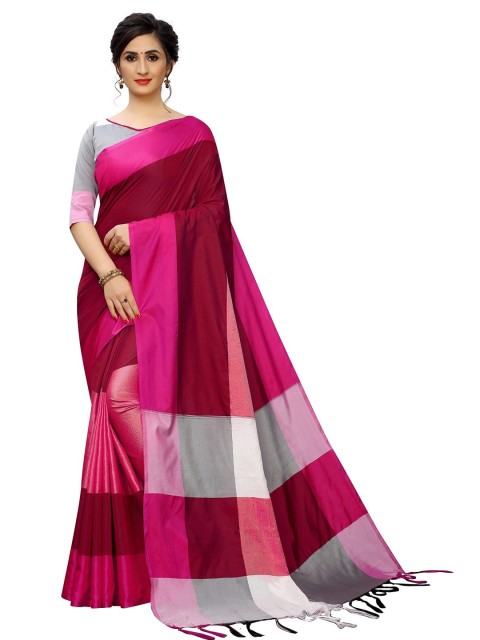 

PERFECTBLUE Pink & Maroon Colourblocked Silk Cotton Saree