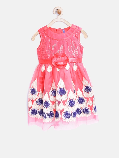 

YK Girls Coral Pink Patterned Fit and Flare Dress