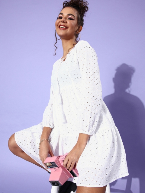 

StyleCast Women White Self-Design Craftcore Dress