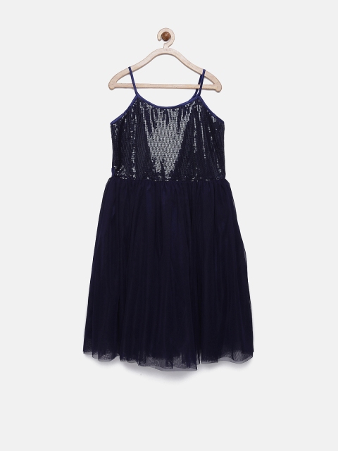 

YK Girls Navy Blue Sequinned Fit and Flare Dress