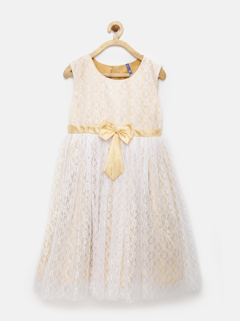 

YK Girls White & Gold-Toned Lace Fit and Flare Dress