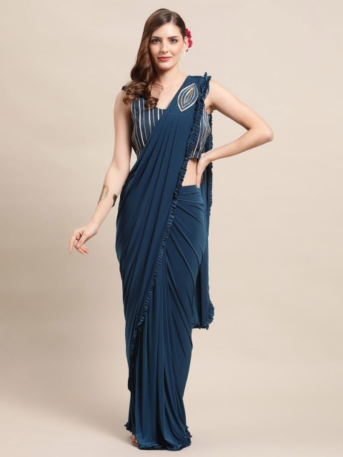 

Grancy Teal Blue & Golden Poly Georgette Ready to Wear Saree