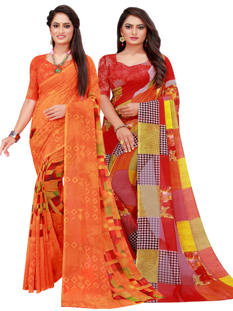

KALINI Orange & Red Set of 2 Pure Georgette Saree
