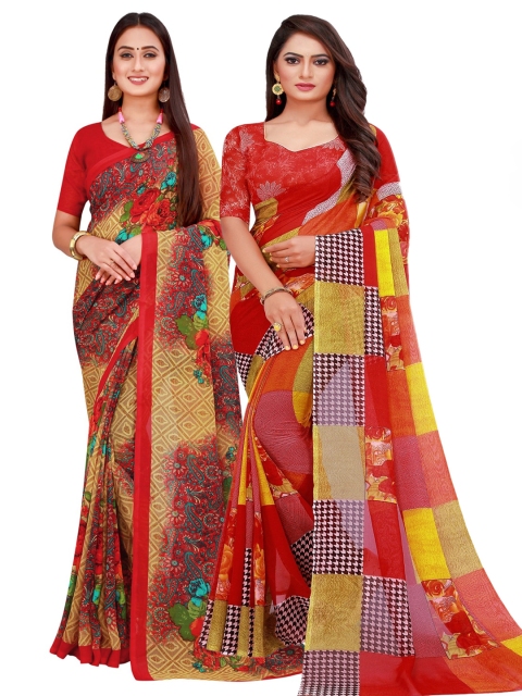 

KALINI Pack of 2 Red & Beige Printed Pure Georgette Saree