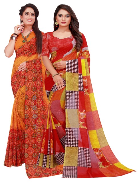 

KALINI Pack Of 2 Orange & Red Georgette Saree