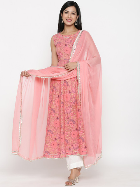 

PINKVILLE JAIPUR Women Pink Printed Pure Cotton Kurta with Trousers & With Dupatta