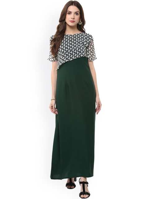 

Janasya Women Green Yoke Design A-Line Kurta