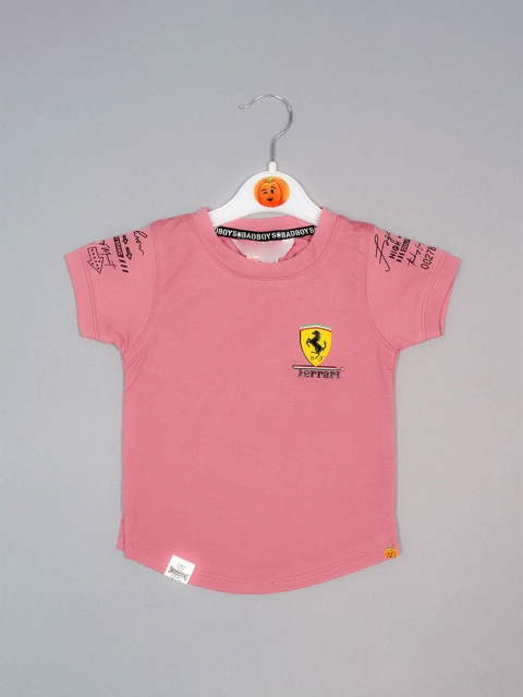 

Mumkins Boys Peach-Coloured Typography Applique T-shirt