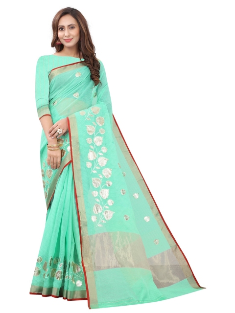 

PERFECTBLUE Teal & Gold-Toned Floral Gotta Patti Saree
