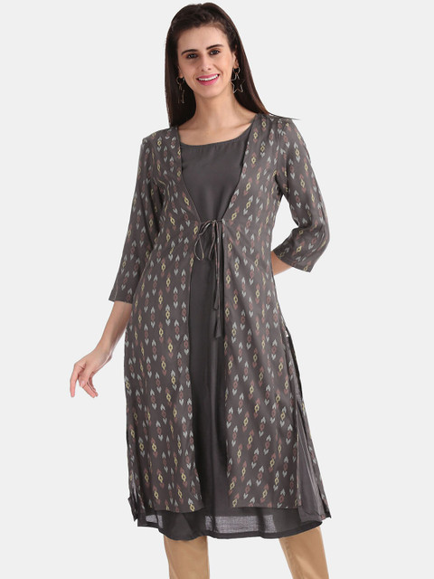 

Karigari Women Grey Flared Sleeves Kurta